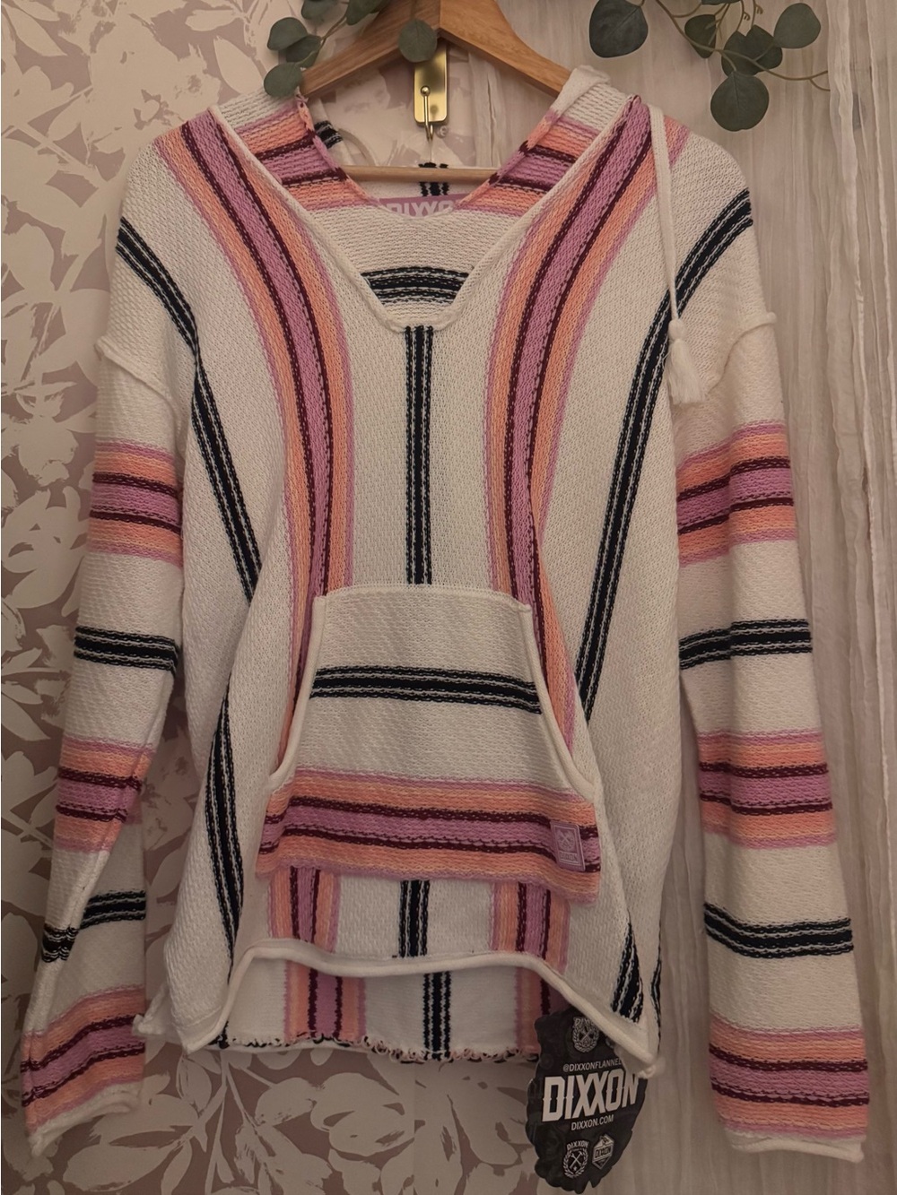 DIXXON Cream Hoodie Sweater with Pink, Peach & Black Stripes